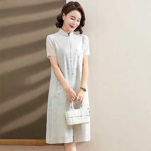 Middle-aged mom summer new improved cheongsam dress middle-aged and elderly women's clothing age-reducing chiffon dress Western style 40-year-old 50