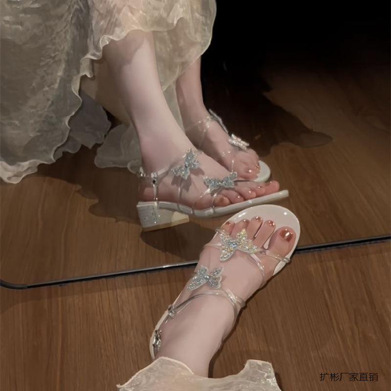 Han Nai フレンチスタイルの美しいサンダル女性用 2025 新しい太いヒールラインストーン妖精スパンコールスカート付き夏高エキスパンダ|undefined