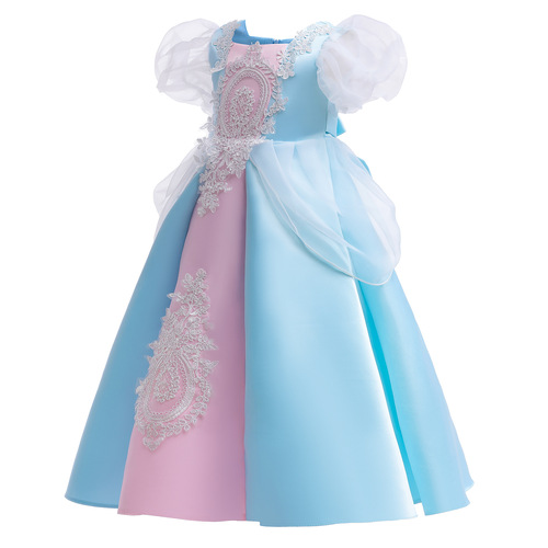 2024 New Women's Children's Dress for Foreign Trade, Middle Childhood Retro Children's Clothing Bubble Sleeve Embroidered Princess Dress Long Dress Formal Gown