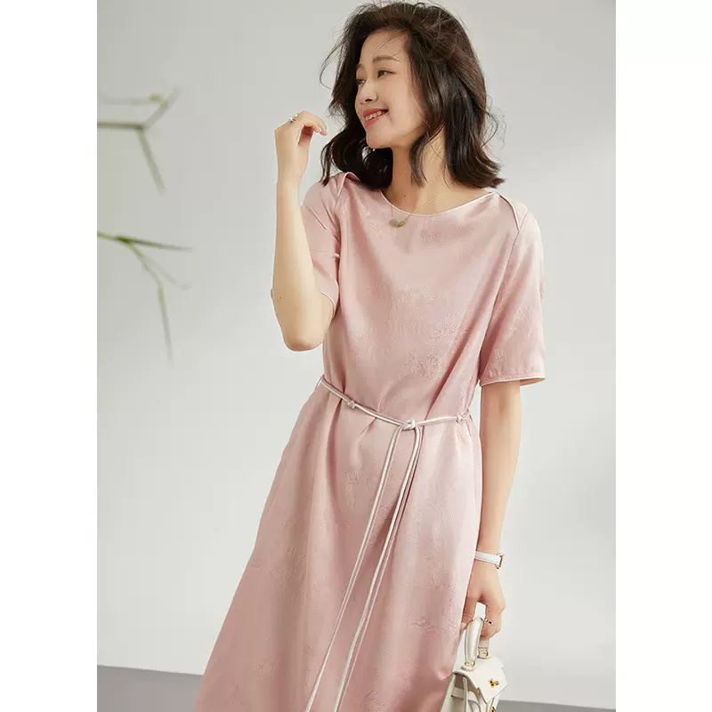 100%桑蚕丝真丝连衣裙三经花罗提花工艺女2025新款系带收腰A字裙