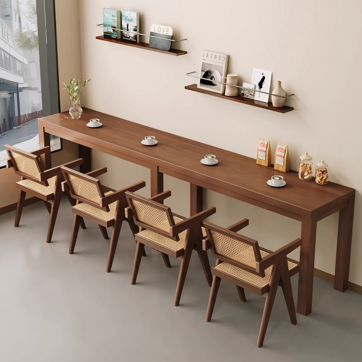 Retro Dining Table Cafe Tavern Table and Chair Combination Dessert Milk Tea Shop American Western Restaurant Solid Wood Table and Rattan Chair