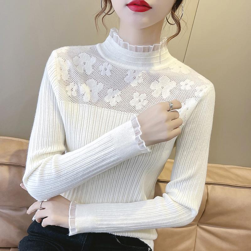 レースの上着の女性の春秋の婦人服の2025年の新型の洋気は長袖のニットのプルオーバーのセーターの底のシャツに入ります。|undefined