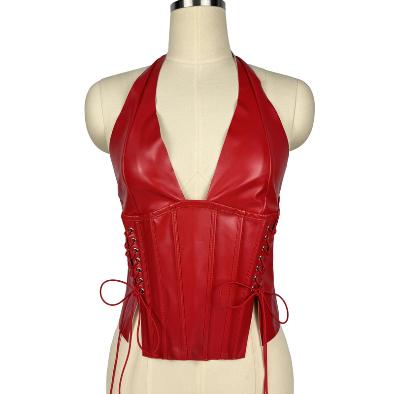 Cross-Border Pu Leather Halter Neck Tank Top with Straps, Waist-Cinching Backless Top, Sexy Slimming Textured Niche Camisole Cross-Border Pu Leather Halter Neck Tank Top with Straps, Waist-Cinching Backless Top, Sexy Slimming Textured Niche Camisole