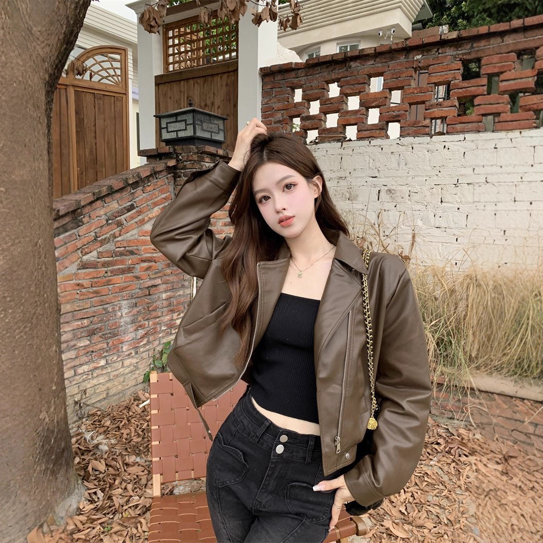 Brown Pu Leather Jacket for Women, Spring and Autumn 2025 New Loose Hong Kong Style Petite Short Motorcycle Jacket Top