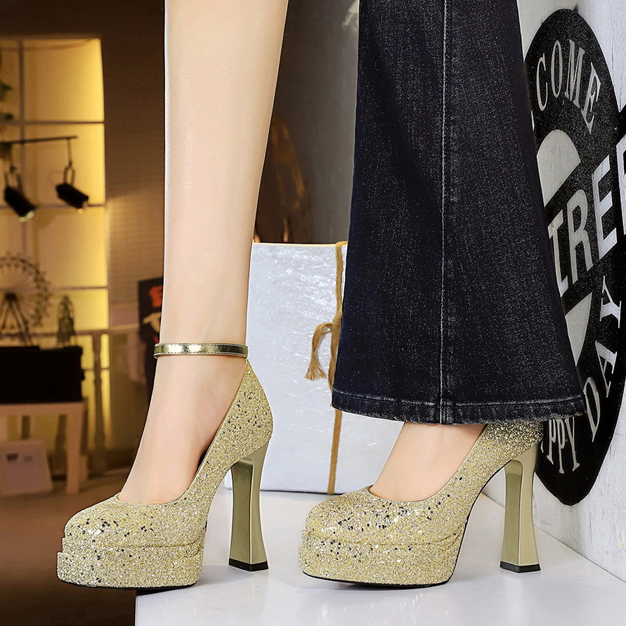 High-heeled Stiletto Pumps For Women With Sequined Round Toe_voghion.com
