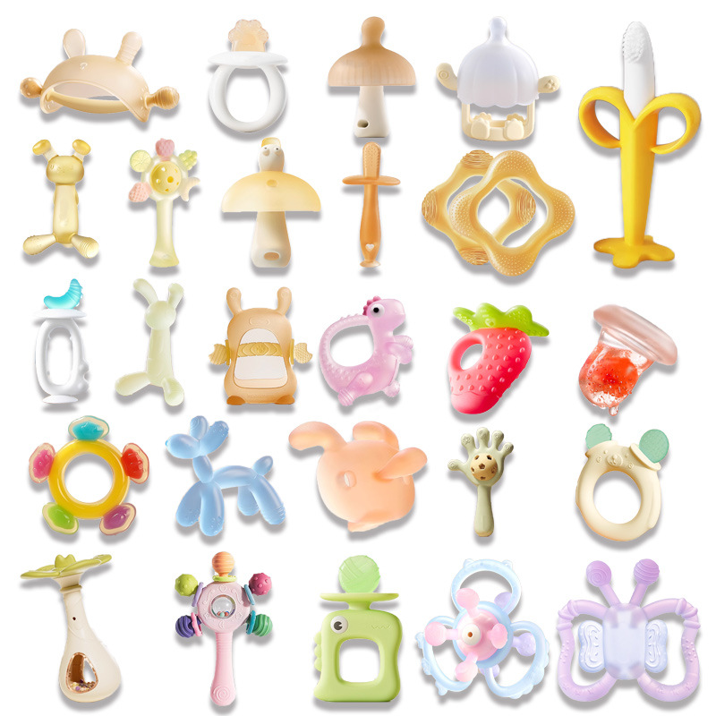 Baby silicona dentín personalizado anti-comerción infantil mano de grado de alimentos juguetes de dentín palillos de molienda mordida productos para madres y bebés