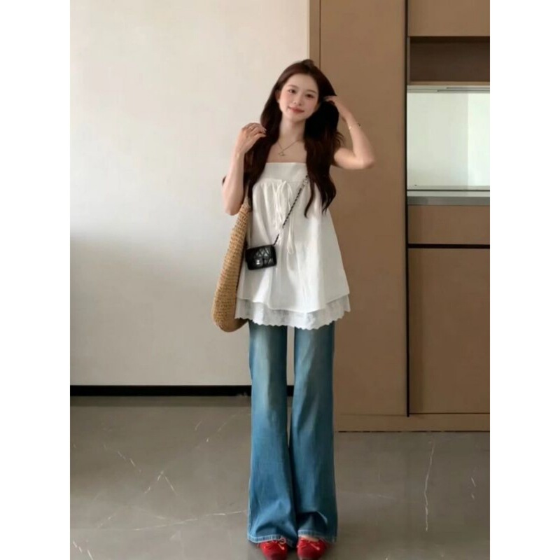 [Guangzhou Original Bubble Fabric] Lace Patchwork White Tube Top Camisole for Women to Wear Outside in Summer