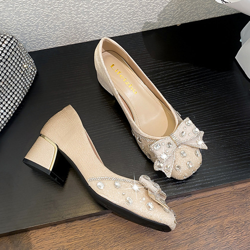 2024 New French Evening Shoes High Heels Thick Heel Medium Heel Women's Spring and Autumn Plus Size Women's Shoes 41-43