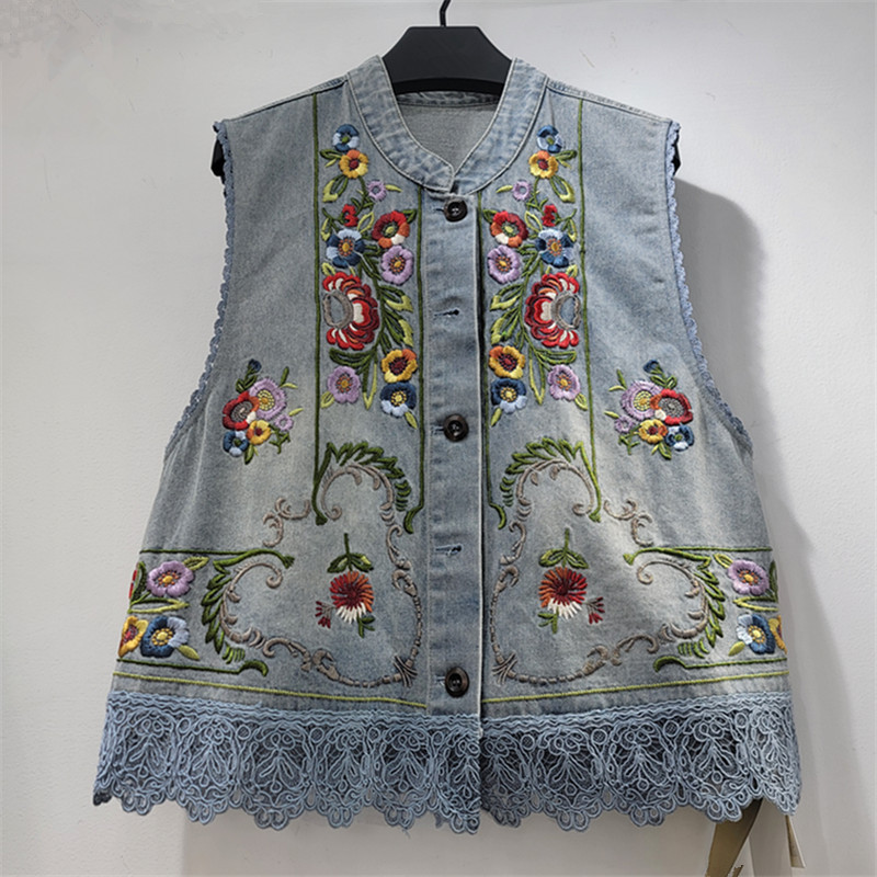 Industria pesada bordada flor chaleco de vaqueros para mujeres 2026 primavera y verano nuevo estilo collar sin mangas camisa de vaqueros casuales image 1
