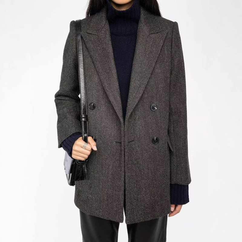 Cross-Border E-Commerce Brand Z@&V's New Autumn and Winter Collection: Wool Herringbone Tweed Slim-Fit British-Style Suit with a Structured Texture