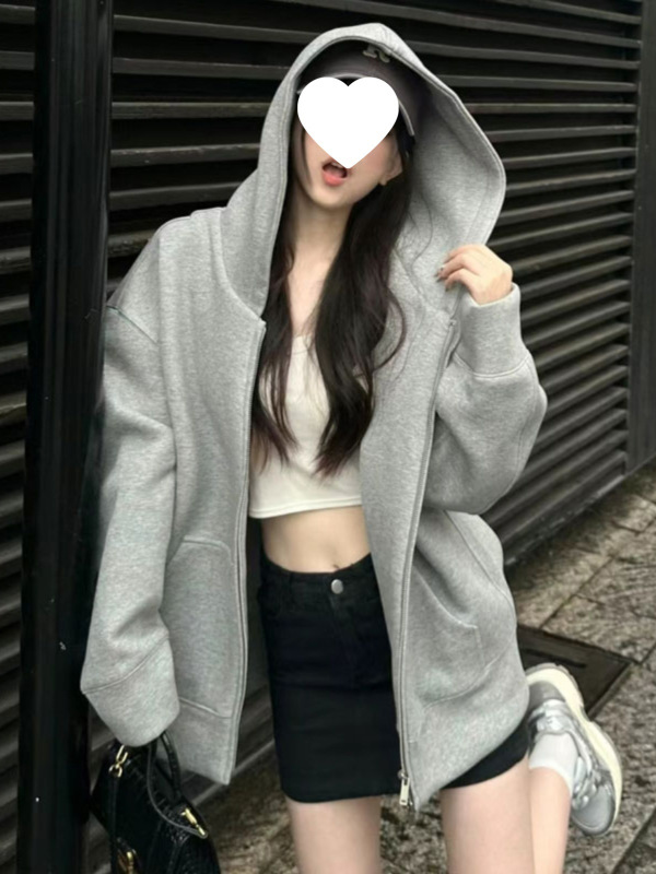 连帽卫衣女秋冬oversize加绒加厚拉链开衫外套宽松慵懒chic风上衣|undefined