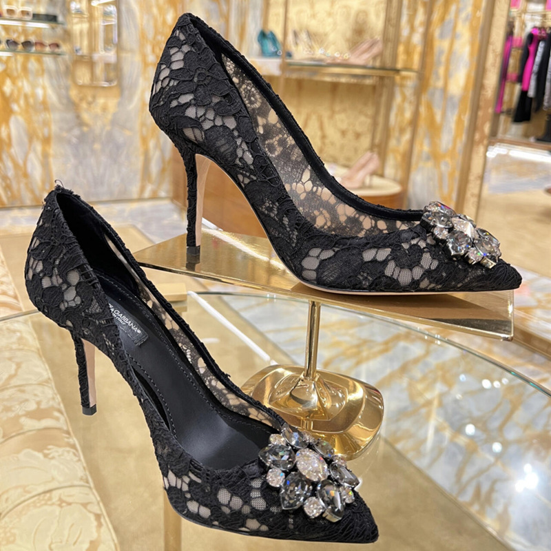 2025 new DG rainbow lace diamond mesh embroidery flower rhinestone SKP decorative pointed stiletto heel high heels