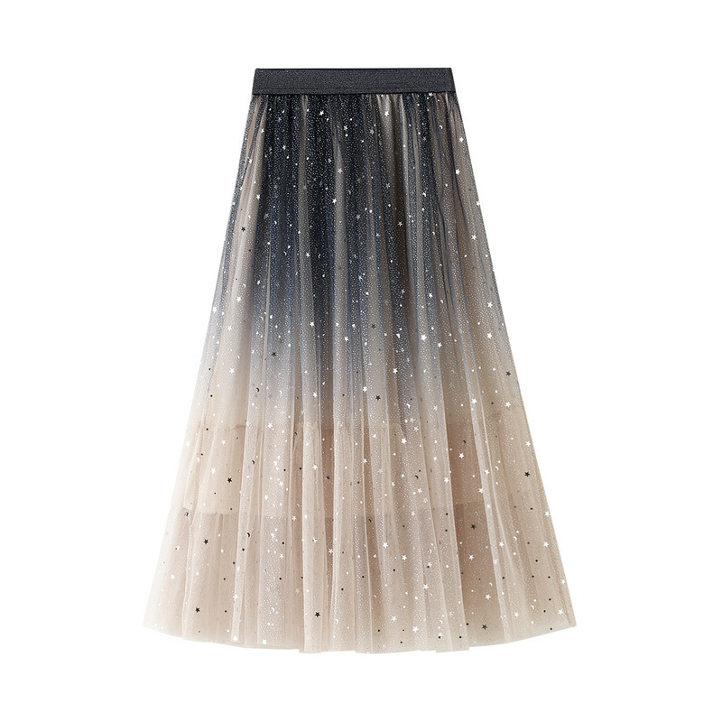 Skirt New Gradient Color Fashionable Mid-Length Color Matching Star Sequin Elastic Waist Mesh Starry Sky Skirt for Women 8170