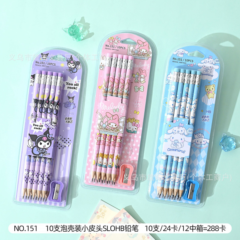 New Sanrio Hb Small Leather Pencil Cartoon Cute Kuromi Melody Wooden Pencil Kidsren's Calligraphy Pen