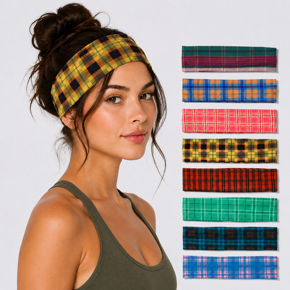 Multicolor Retro Plaid Elastic Headband European and American College Style Wide Headscarf for Women Yoga Face Washing Sports Hairband Hair Accessory