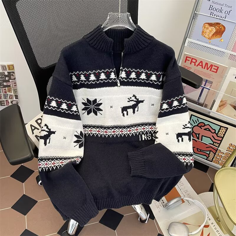 Jacquard de Navidad suelta camiseta de punto casual hombre otoño invierno relajado pareja de viento polo suéter de cuello de moda mujer