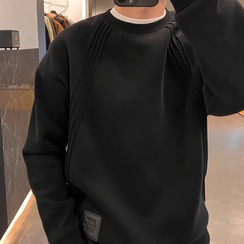 Spring and Autumn Heavyweight Fleece-Lined Thickened Sweatshirt for Men, 2026 New Model, Brushed Fabric with Line Design, Crew Neck Base Layer Top for Men Spring and Autumn Heavyweight Fleece-Lined Thickened Sweatshirt for Men, 2026 New Model, Brushed Fabric with Line Design, Crew Neck Base Layer Top for Men