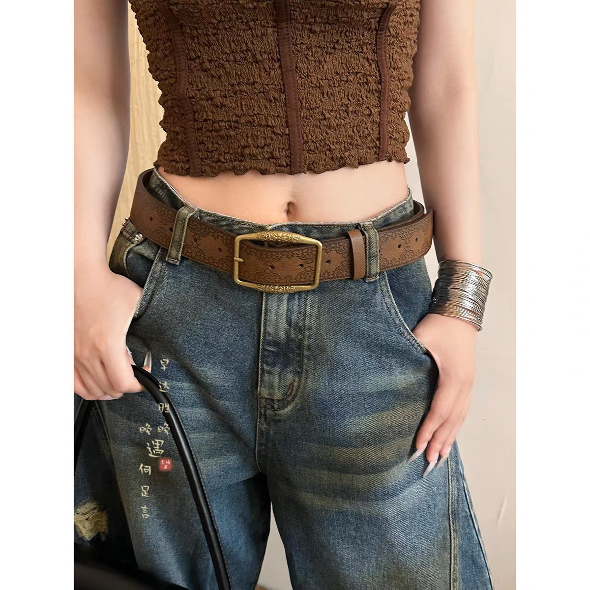 Amerikan tarzı deri kemer erkek bel kemeri y2k kadın yeni model genç kişiler spicy kız etek kombinasyonu antik bakır baskı trend retro kahverengi