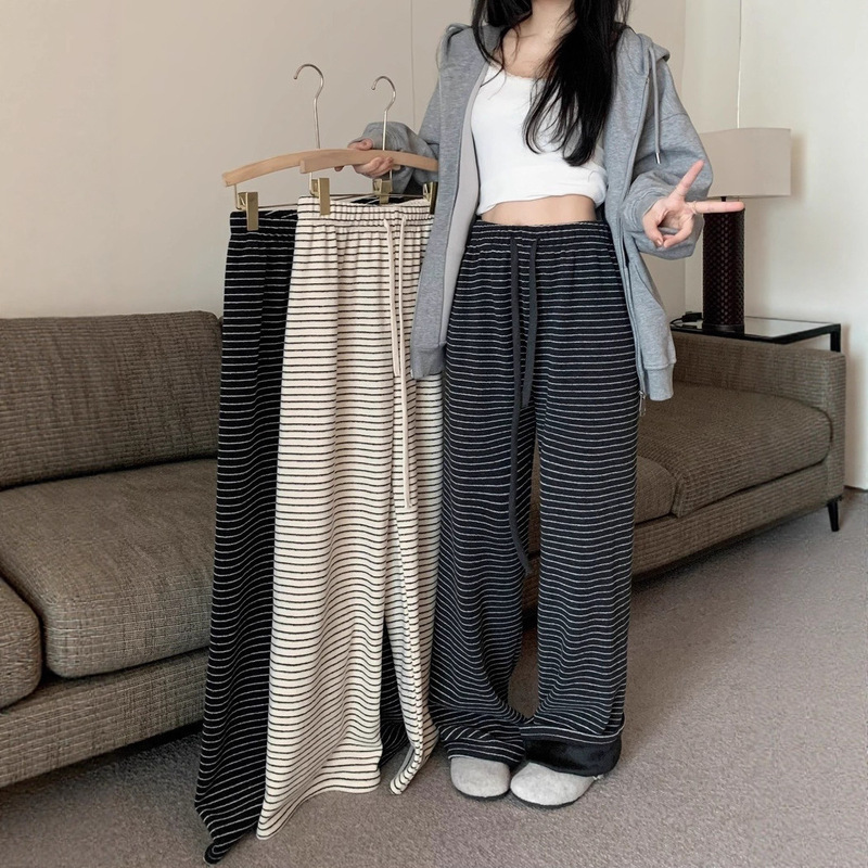 百搭舒适条纹休闲裤女宽松直筒显瘦遛弯裤黑白条纹宽松运动裤子女|undefined
