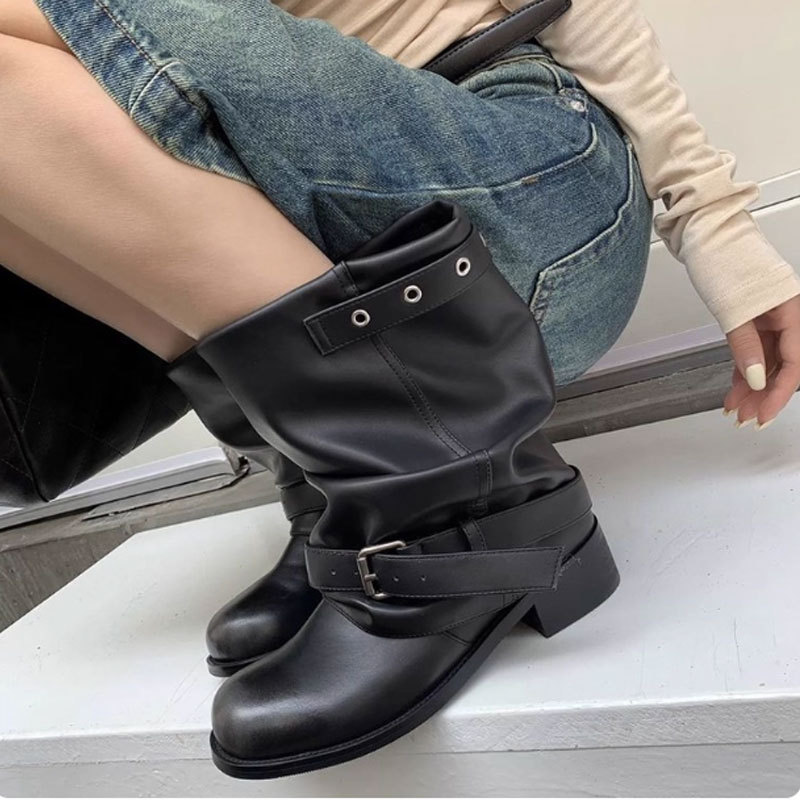 2025年新款黑色美拉德中筒靴女百搭西部靴机车马丁靴褶皱堆堆靴女
