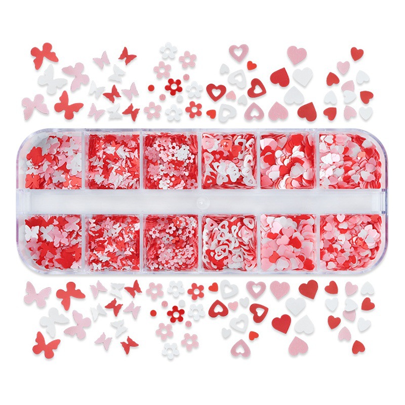 Día de San Valentín 12 cuadros en caja perlado amor accesorios de uñas rosa mariposa blanca flor uñas lentejuelas decoración de colores