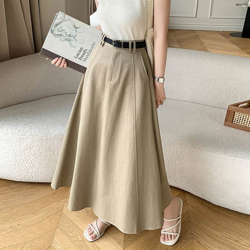 Long summer denim skirt, long skirt, (Physicals), mid-length, high waist, pleated skirt
