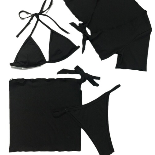  European and American Style New Sexy Bandeau Bikini Striped Four-Piece Set Adjustable Lace-up Bikini Swimsuit