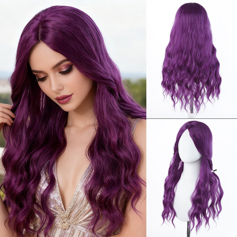 Cross-Border Wig for Women Purple Medium Parted Long Curly Hair High Temperature Silk Headgear European and American Fashion Water Ripple Factory Ready Stock Wholesale