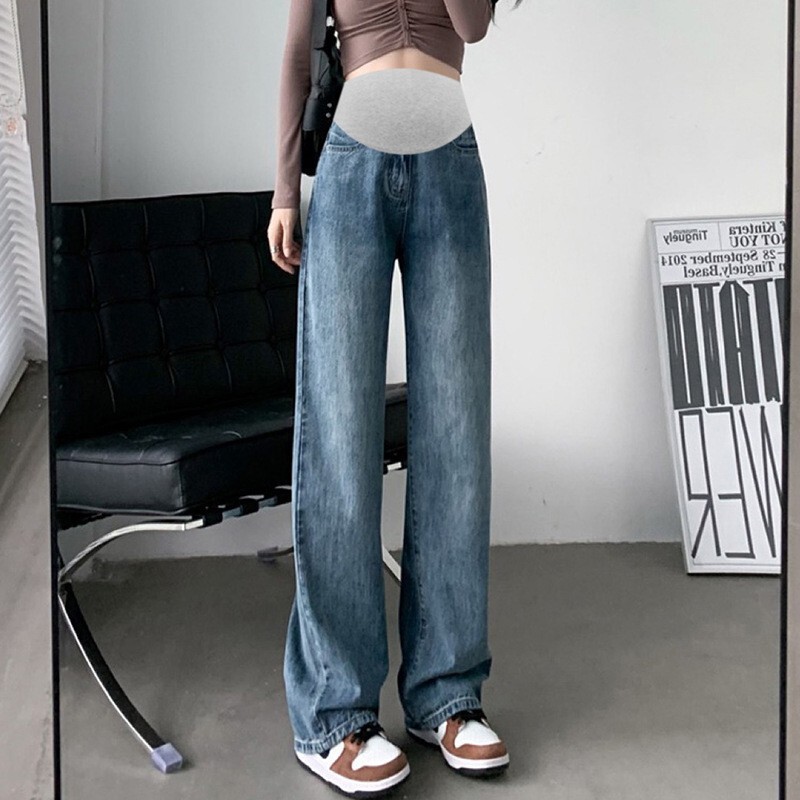 2025 Maternity Jeans Spring and Autumn Outerwear Belly Support Pants Retro Blue Thickened Wide Leg Pants Adjustable Pants
