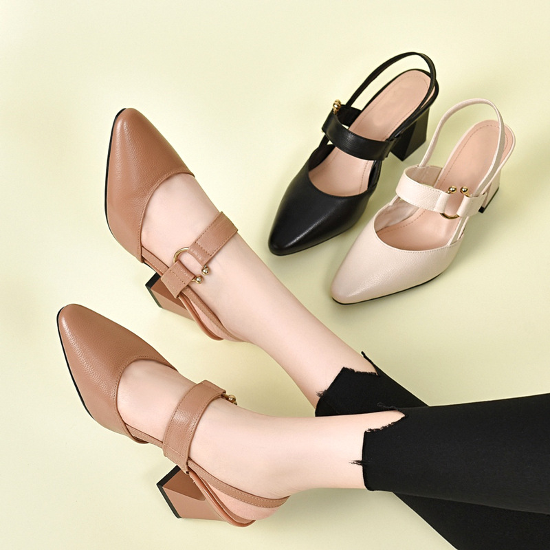 Sandal nữ da thật mũi nhọn gót vuông 5 cm, hở gót, phong cách mùa hè — Đen 5cm
