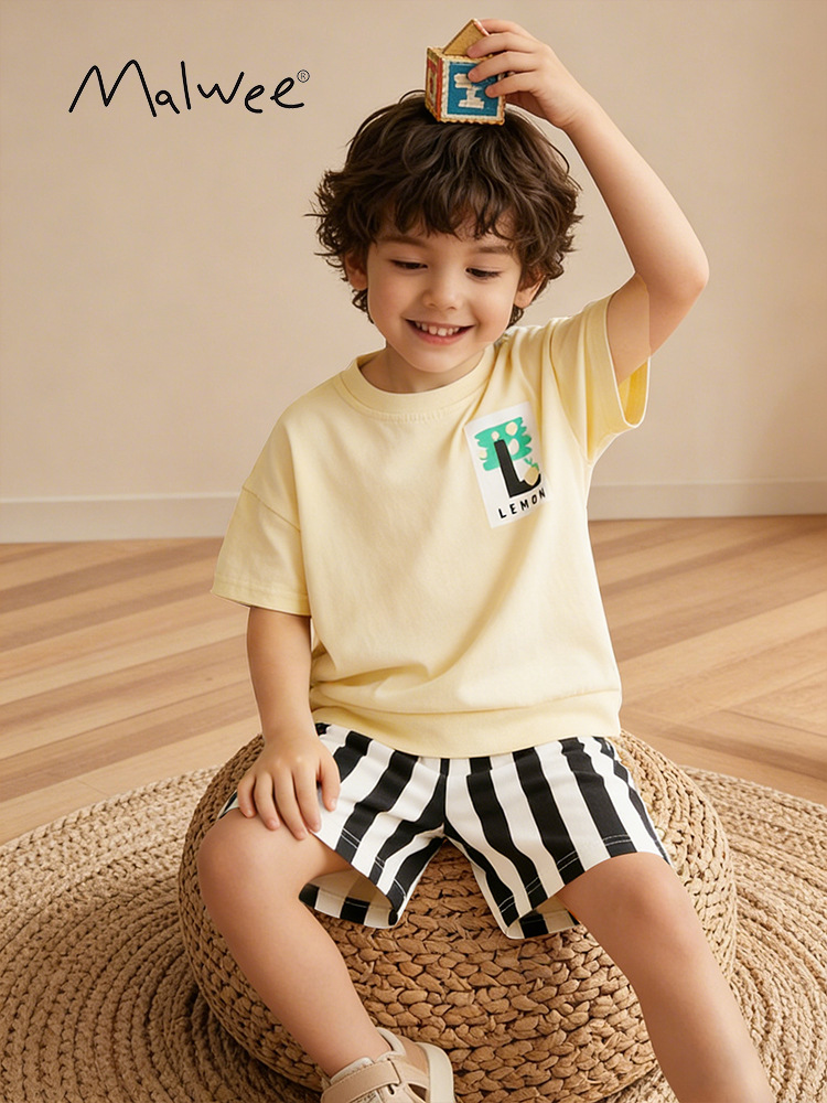Malwee transfronterizo niño conjunto de verano nuevo lindo cuello redondo camiseta europea y americana niños de manga corta de verano dos piezas conjunto