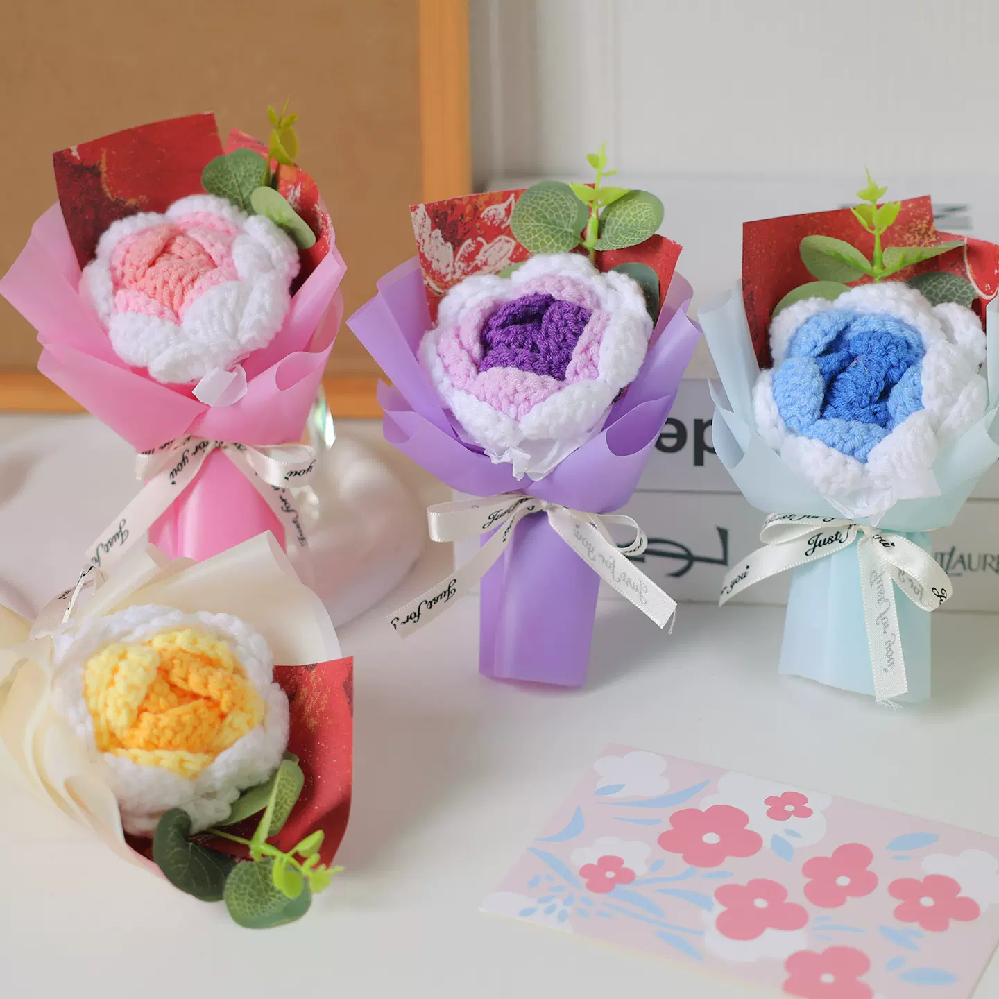 向日葵毛线花束手工编织玫瑰教师节成品毕业花束仿真针织花批发