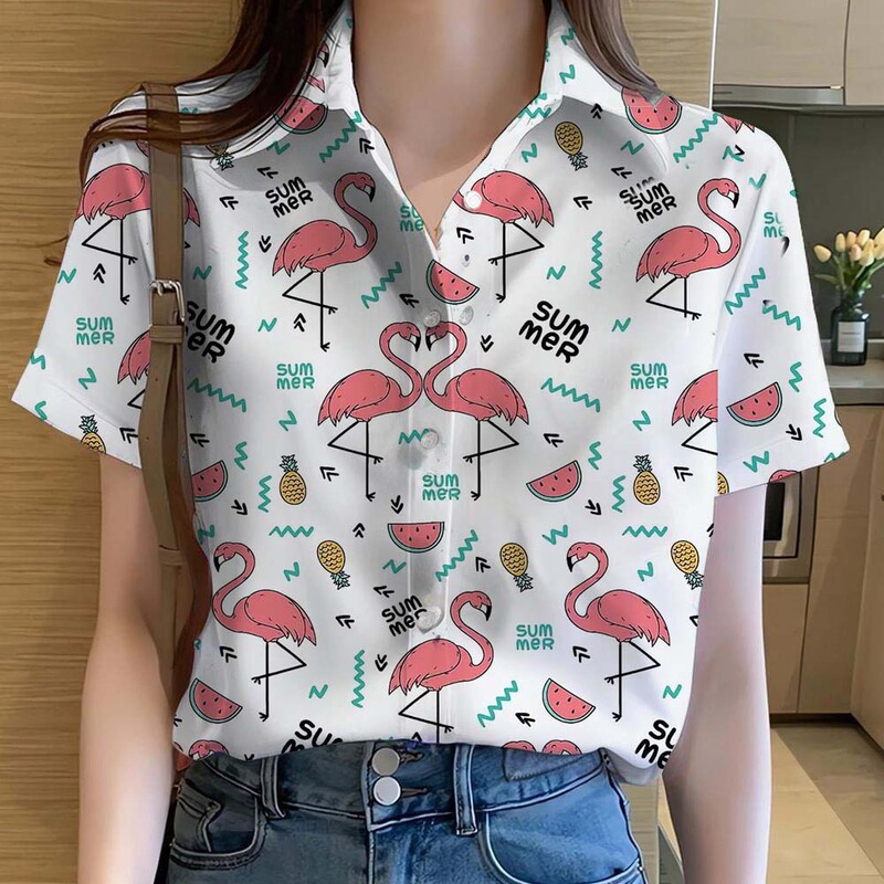 Women's Shirt Animal Cartoon Flamingo 3D Printing Casual Hawaiian Short-Sleeved Button Beach Shirt Summer Millennium