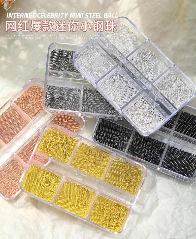 6-Compartment Mini Small Steel Beads Nail Art Decorations Small Gold and Silver Color Boxed Metal Beads DIY Nail Accessories Wholesale