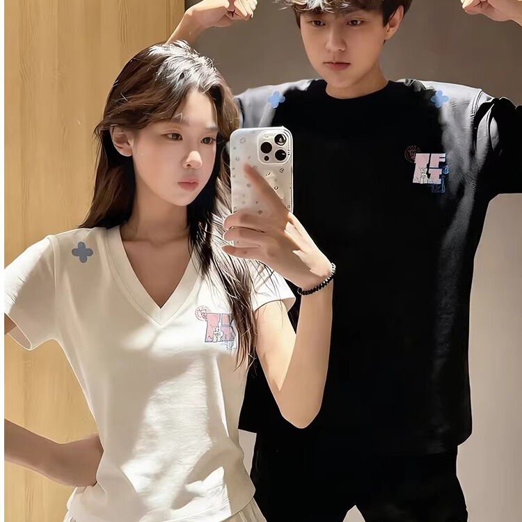 Super Stylish Slimming V-Neck Couple's Matching T-Shirts, One Long and One Short, 2026 Summer Niche Design with Simple Printed Short Sleeves Super Stylish Slimming V-Neck Couple's Matching T-Shirts, One Long and One Short, 2026 Summer Niche Design with Simple Printed Short Sleeves