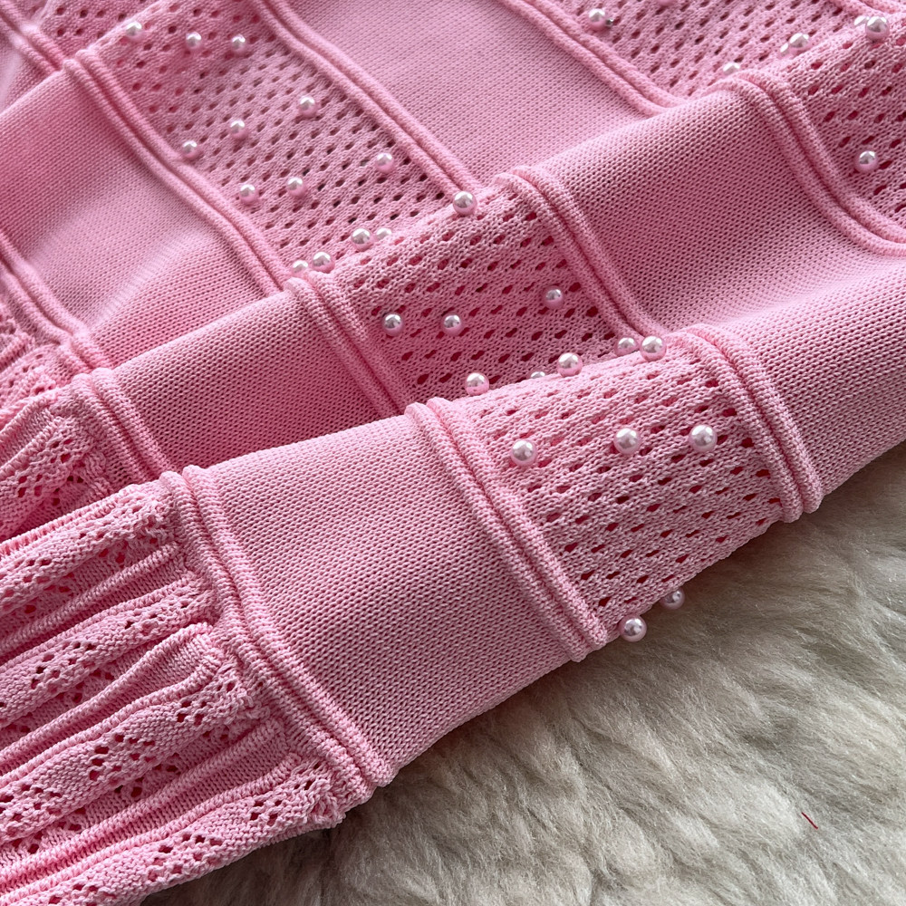 Women's Soft Pink Knit Two Piece Set Slim Fit Waist Cinching Fishtail Skirt Suit for Summer_ecoleips.com