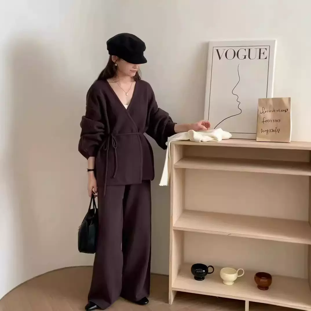 实拍韩系气质系带针织外套+针织阔腿裤两件套女洋气份量感套装女