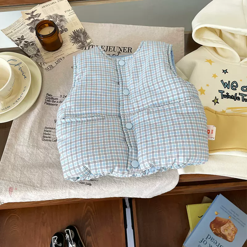 QY256309儿童夹棉马甲2025秋冬新款小童无袖格子加棉加厚马甲上衣