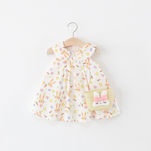 Summer new children's clothing wholesale rabbit carrot printing small fresh girls cotton dress send the same bag