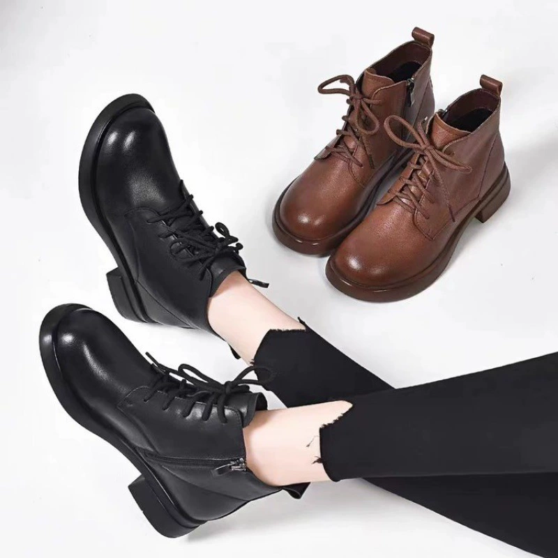 Ботинки Martin Кожаные короткие ботинки на плоской подошве с мягкой подошвой Весенне-осенние одиночные ботильоны в британском стиле с круглым носком, женская кожаная обувь на флисовой подкладке