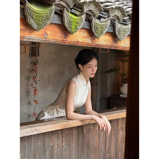 Jacquard Long Sleeveless Improved Cheongsam Slim Elegant dress 2025 Summer New Women's Elegant Skirt