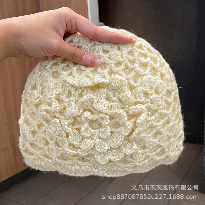 春秋季原创手工显脸小钩花立体花朵包头帽女款文艺复古针织堆堆帽|undefined