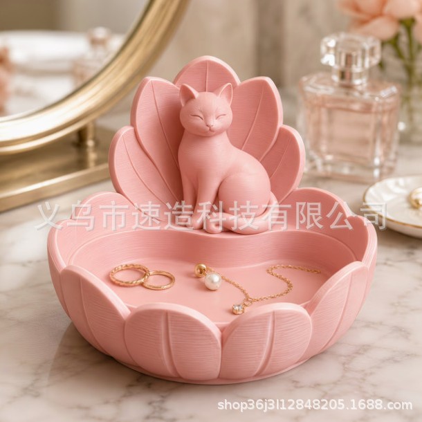 3D Printed Pink Cat Jewelry Tray Storage Box, Cute Kitten Ring Holder with Petal Cover, Jewelry Tray for Bedroom