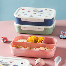 简约分格饭盒儿童学生家用微波炉便当盒塑料勺子餐具餐盘套装批发