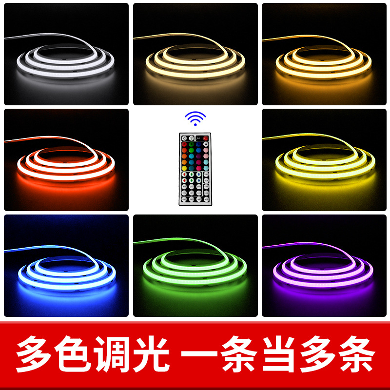 Tira de luz COB autoadhesiva de 12V/24V de bajo voltaje, tira de luz LED flexible y suave para decoración del hogar, techo, gabinete, centro comercial, luz de alta reproducción cromática