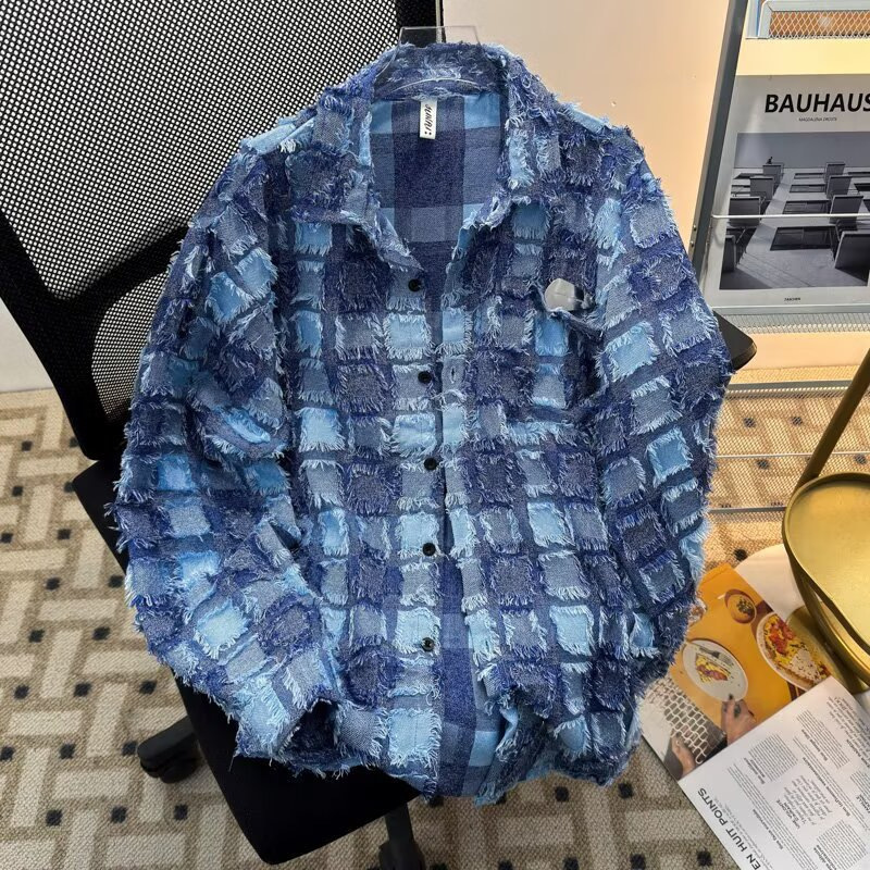 Trendy men's tweed plaid shirt with tassels, spring/summer 2026, stylish and cool, thin outerwear, exclusively for cross-border export
