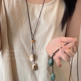 绿色木质圆珠长款项链吊坠绳女款森系复古设计毛衣链小众挂脖配饰