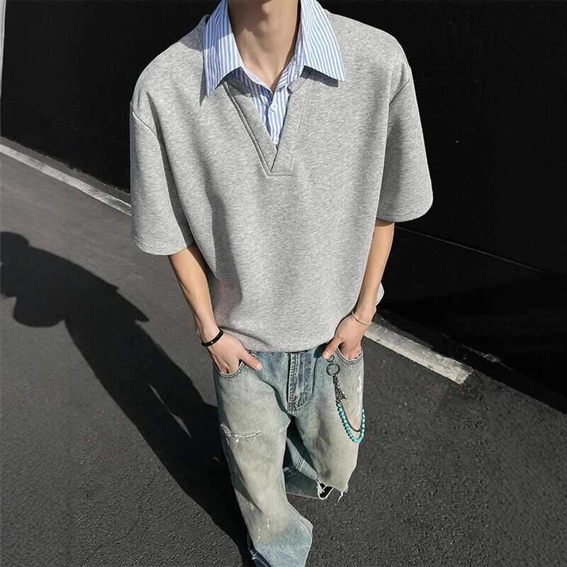 Summer Gray Striped Shirt Collar T-Shirt Men's Niche Design American Fake Two-Piece Polo Shirt Short Sleeves Summer Gray Striped Shirt Collar T-Shirt Men's Niche Design American Fake Two-Piece Polo Shirt Short Sleeves