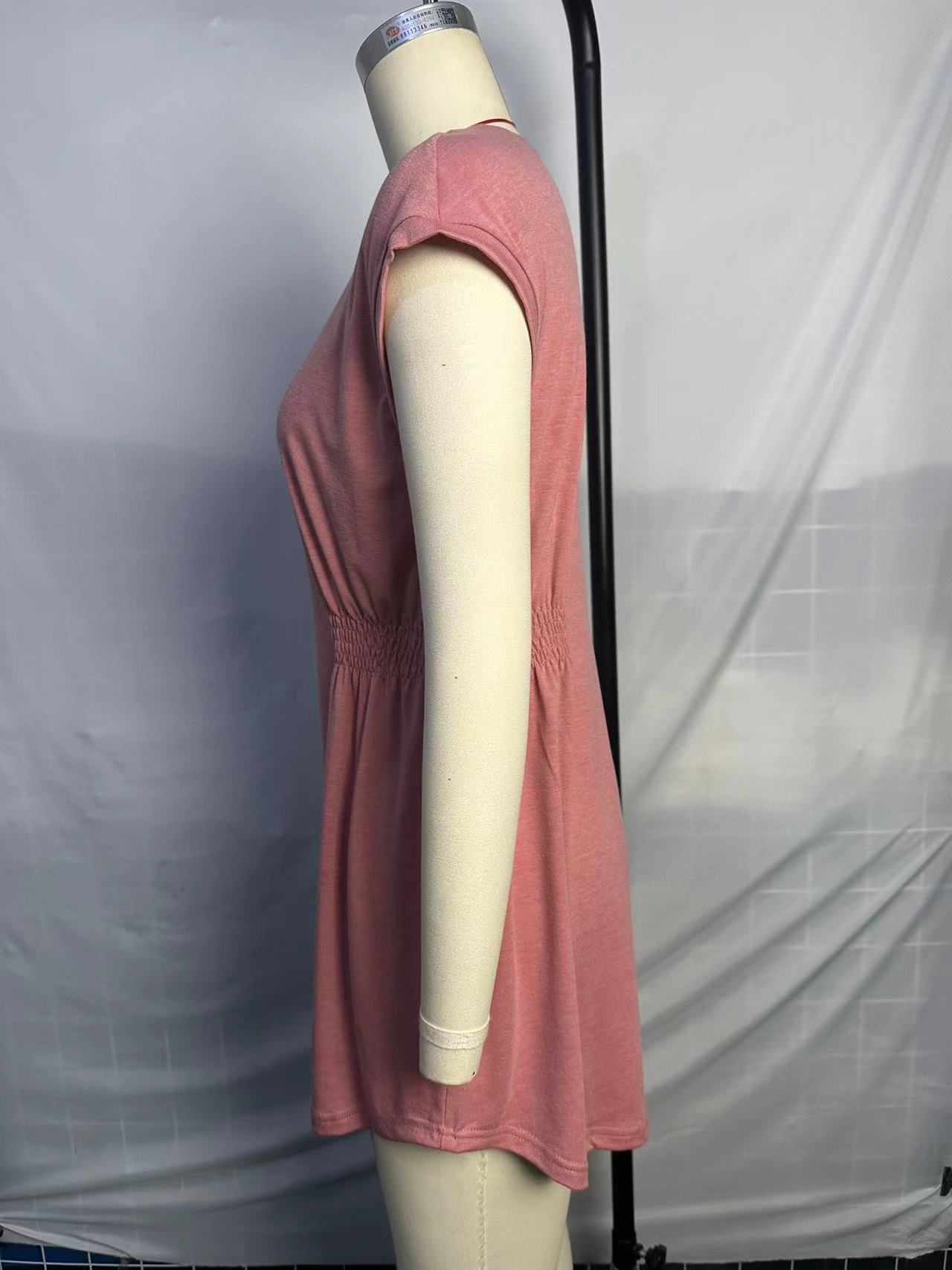 Popular Solid Color Cover Sleeve round Neck Elastic Waist Mini Dress 12 Popular Solid Color Cover Sleeve round Neck Elastic Waist Mini Dress