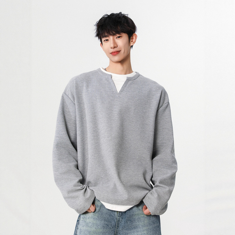 Japanese-Style College Waffle Fake Two-Piece V-Neck Men's Spring Layered Base Shirt with a Sense of Design Long-Sleeve T-Shirt Versatile Japanese-Style College Waffle Fake Two-Piece V-Neck Men's Spring Layered Base Shirt with a Sense of Design Long-Sleeve T-Shirt Versatile